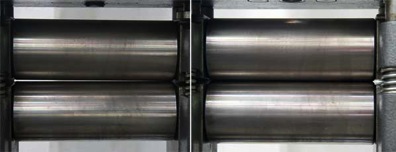 Mis-aligned rolls, before and after manual adjustment.